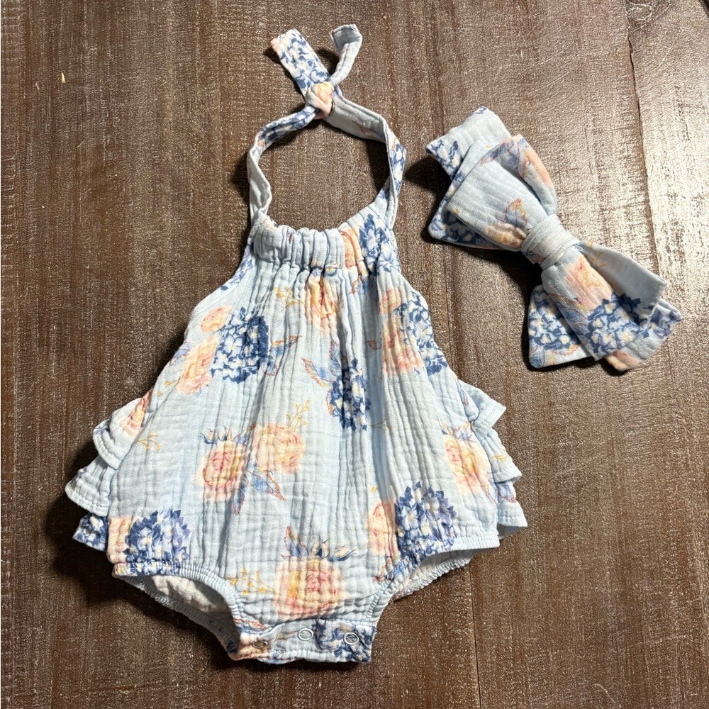 Mud Pie Rosette Hydrangea Baby Romper with Headband